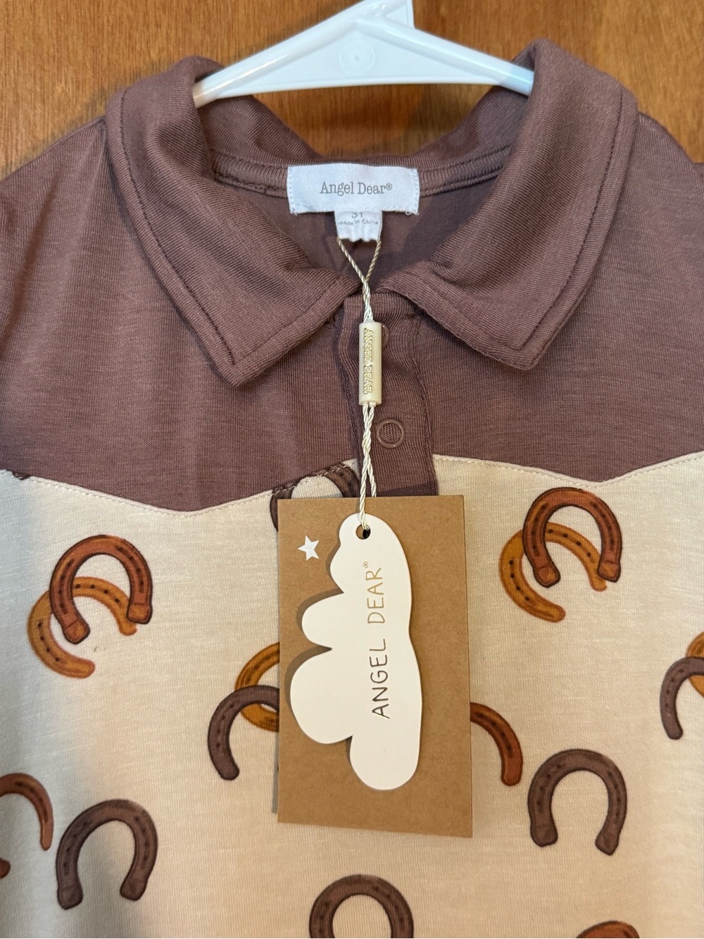 NWT Angel Dear 3T Bamboo Horseshoe Western Cowboy Polo Shirt Brown Cream - Picture 4 of 7